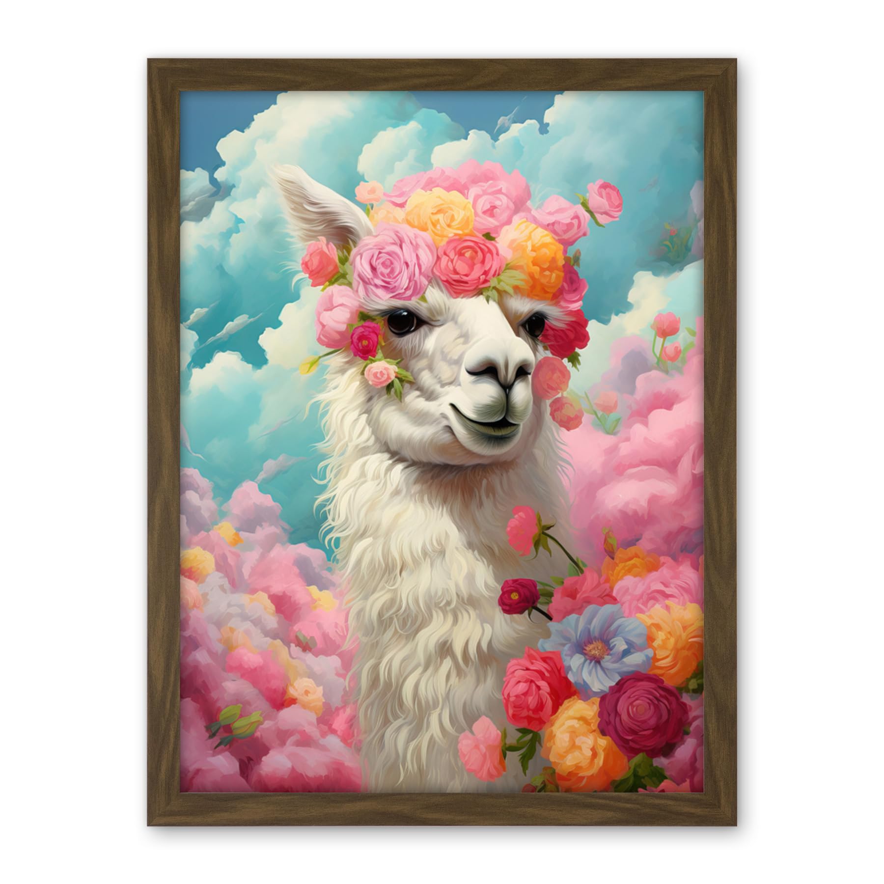 Artery8 Head in the Clouds Conceptual Artwork Fabulous Carefree Llama with Rose Flower Headband Kids Room Artwork Framed Wall Art Print 18X24 Inch