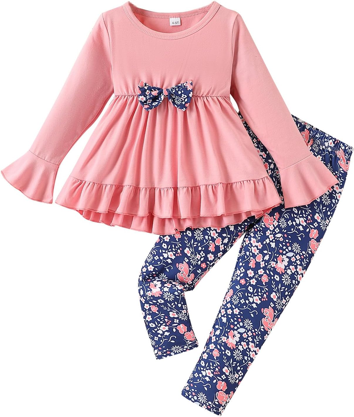 Toddler Girl Clothes 4-8Years Girls Outfit, Long Sleeve Ruffle Bowknot Top+Floral Pants 2Pcs Fall Set