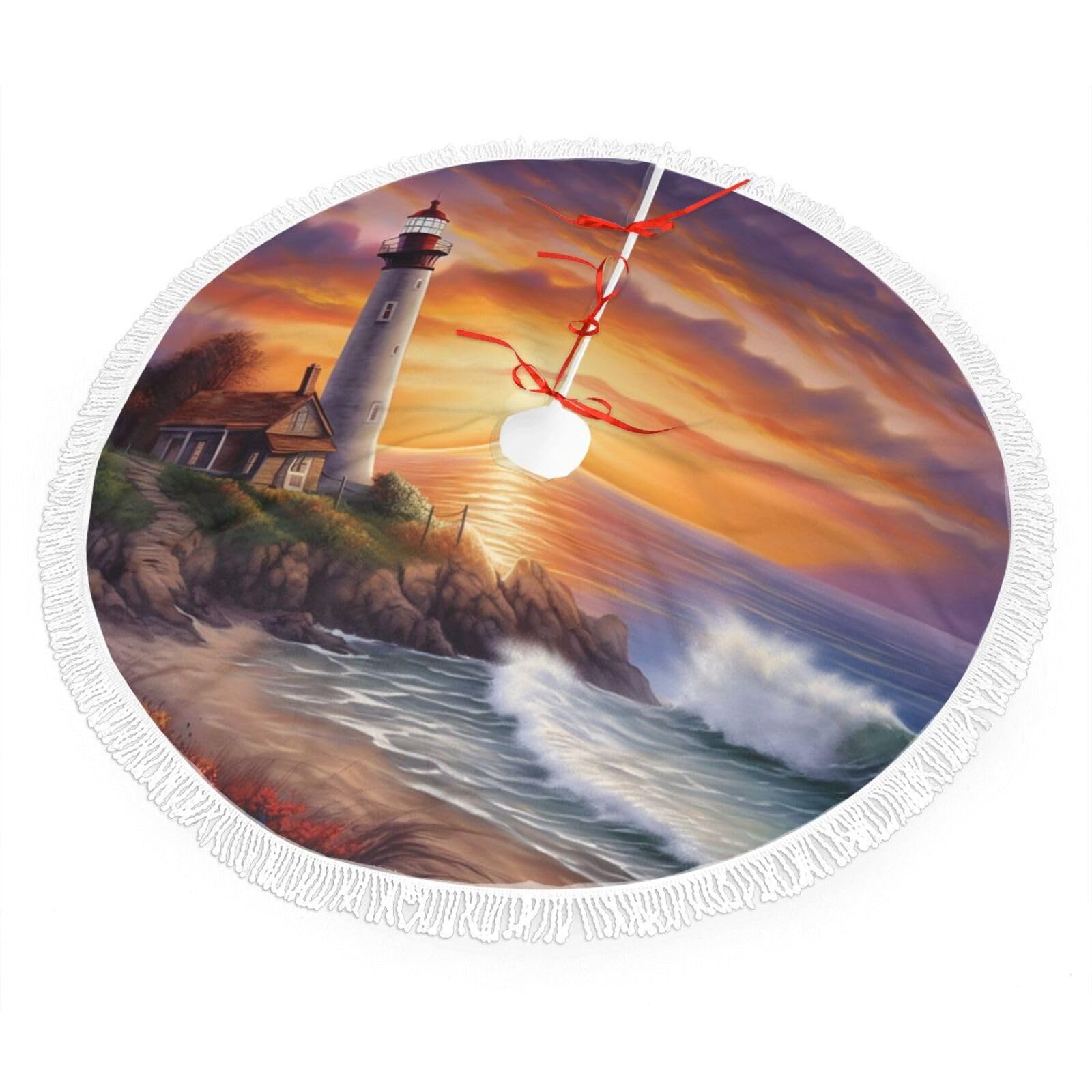 Lighthouse at Sunset Christmas Tree Skirt 48", Soft Plush Xmas Tree Carpet with Tassel Christmas Ornaments Winter Holiday Tree Mat Decoration for Home Party Supplies