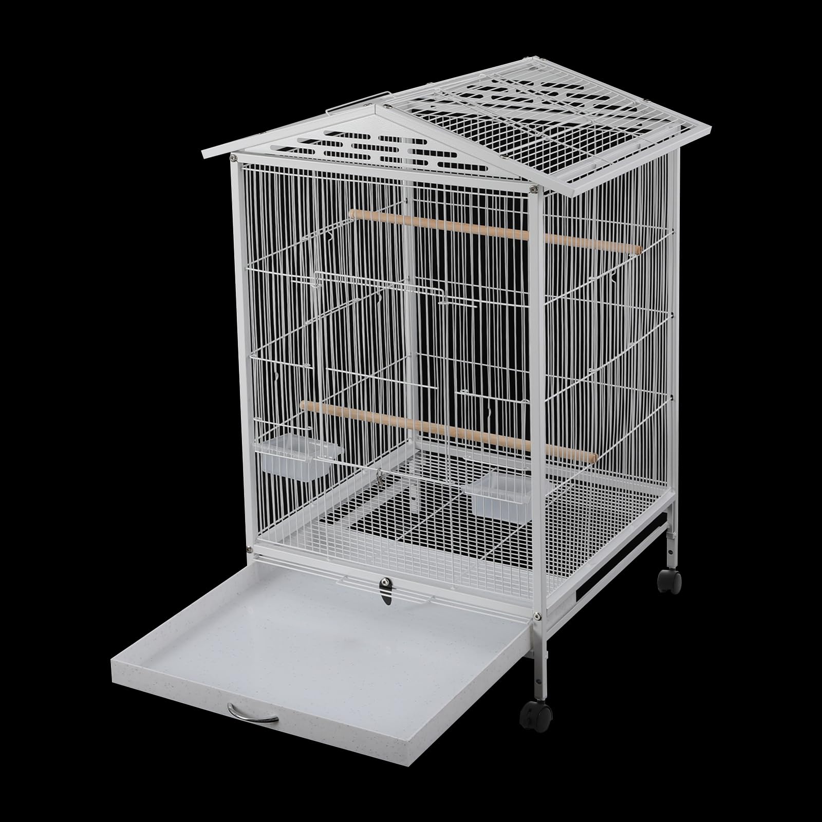 Jaula de metal para pájaros, color blanco, 46 x 46 x 86 cm, con 4 ruedas universales (2 con frenos), techo abierto, bandeja extensible, 3 perchas y comedero/bebedero