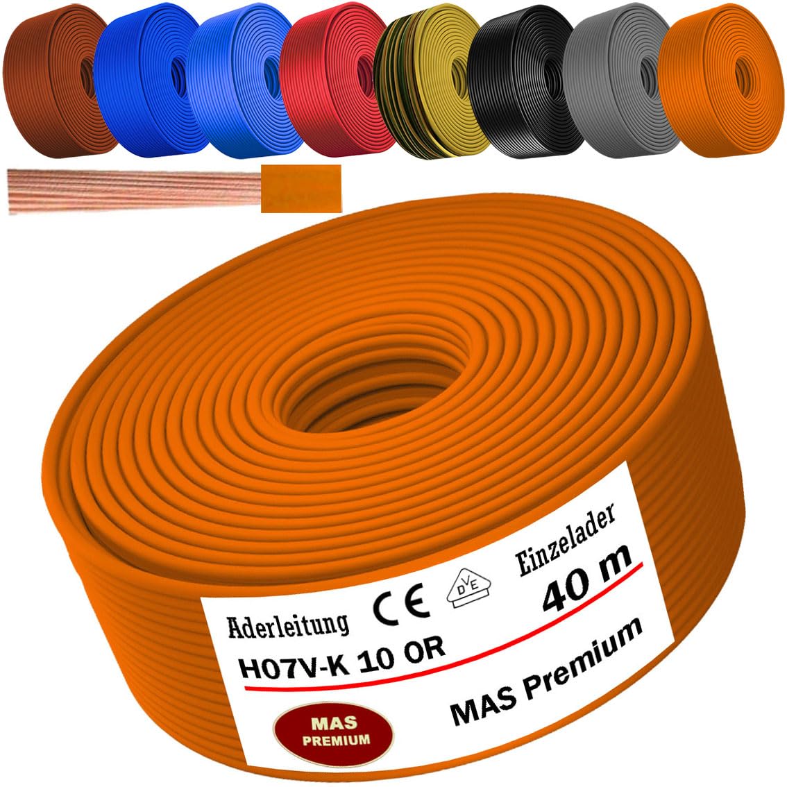 MAS Premium Przewód żyłowy od 5 do 100 m H07 V-K 10 mm², czarny, brązowy, ciemnoniebieski, zielony, jasnoniebieski, szary, pomarańczowy lub czerwony, elastyczny (pomarańczowy, 40 m)