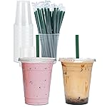 Aatriet 16 oz Clear Plastic Cups with Lids and STRAWS, Disposable Party Cups for To Go Iced Coffee Cold Drinks, Smoothie, Juice, Parfait, Frappuccino, Milkshake. No Leaking Fruit Cup, 25 Sets