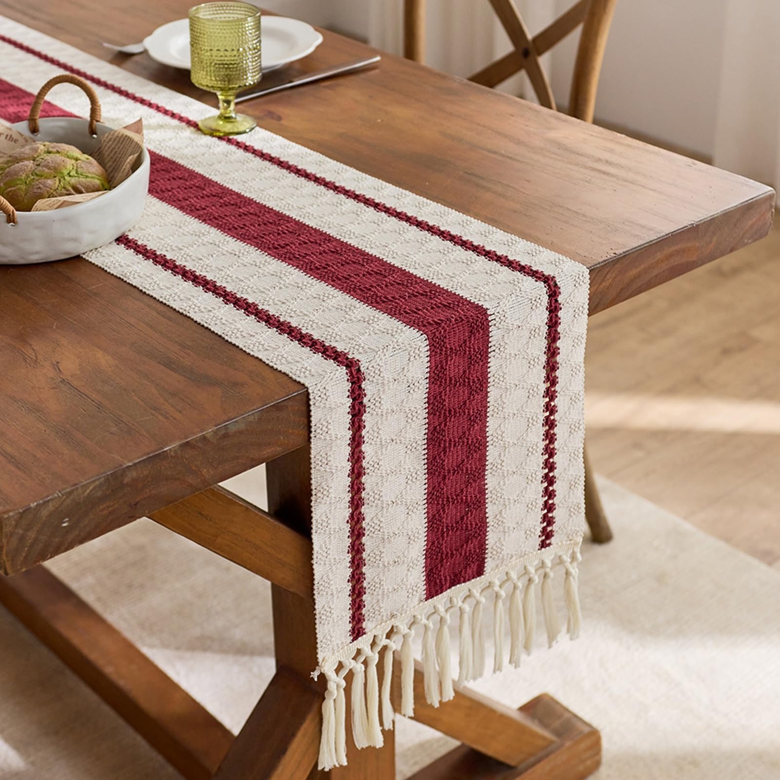 Rot Beige Tischläufer Baumwolle, Makramee Boho Tischläufer Esstisch Abwaschbar Hohl Gewebter Geometrisch Oval Muster mit Quasten Tischdecke für Esszimmer Dekor, 30x260 cm, Rot Beige