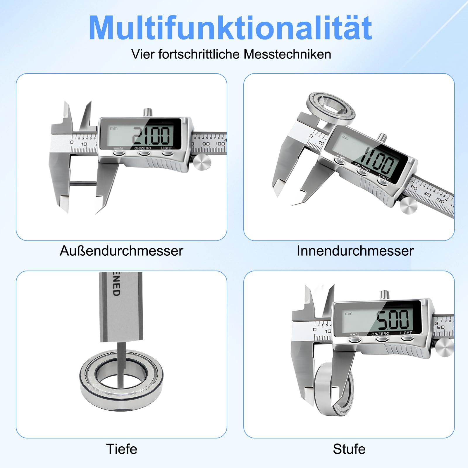 Digitaler Messschieber 150mm Edelstahl, USB-C Wiederaufladbar, IP54 Schutz, ±0,02 mm Präzision, Schieblehre mit Beleuchtetem LCD-Display, mm/Zoll