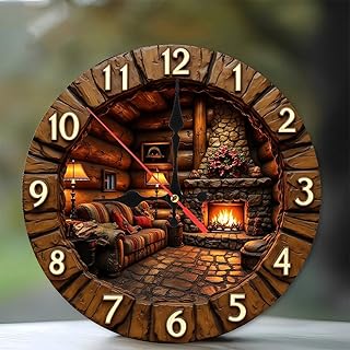 Lancholy Rustic Cabin Fireplace Clock Wall Decor 10-Inch Wooden Wall Clock, Silent Movement, Battery Operated (AA Batteries Not Included), Artistic Home Decor, Perfect for Home Accents
