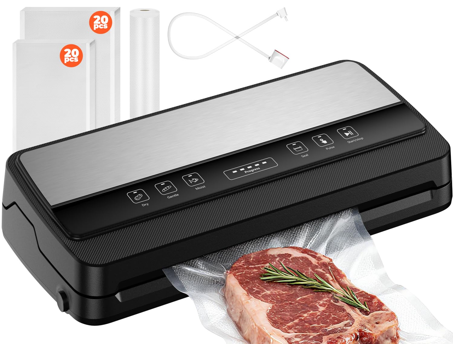 Macchina Sottovuoto Alimenti Professionale con Tubo/Taglierina Interna/Custodia Borsa, Secco/Umido/Delicato, con 40 Sacchetti Sottovuoto e 1 Rotoli 28x600cm
