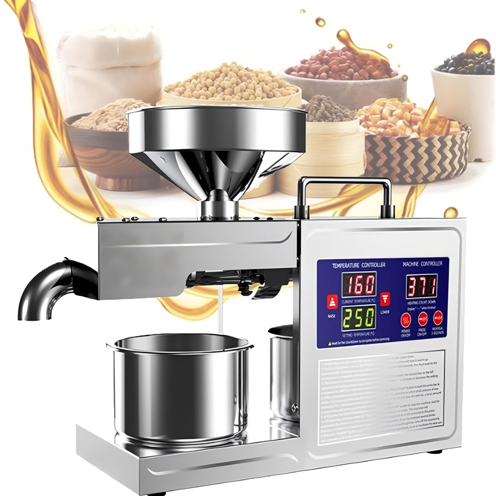 PweKzxt 800W Automatic Oil Press Machine, Nuts Seeds Oil Grinder, Commercial Electric Hot/Cold Extractor Intelligent,All Stainless Steel High Oil Extractor,for Peanuts,Sesame Seeds