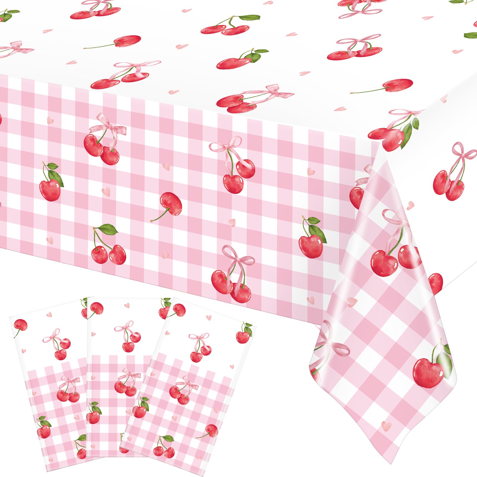 Ganeen 3 Pcs Cherry Birthday Decorations Pink Bows Cherry Tablecloths Disposable Plastic Gingham Rectangle Table Cover Waterproof for Birthday Baby Shower Wedding Party Supplies, 54 x 108 Inch