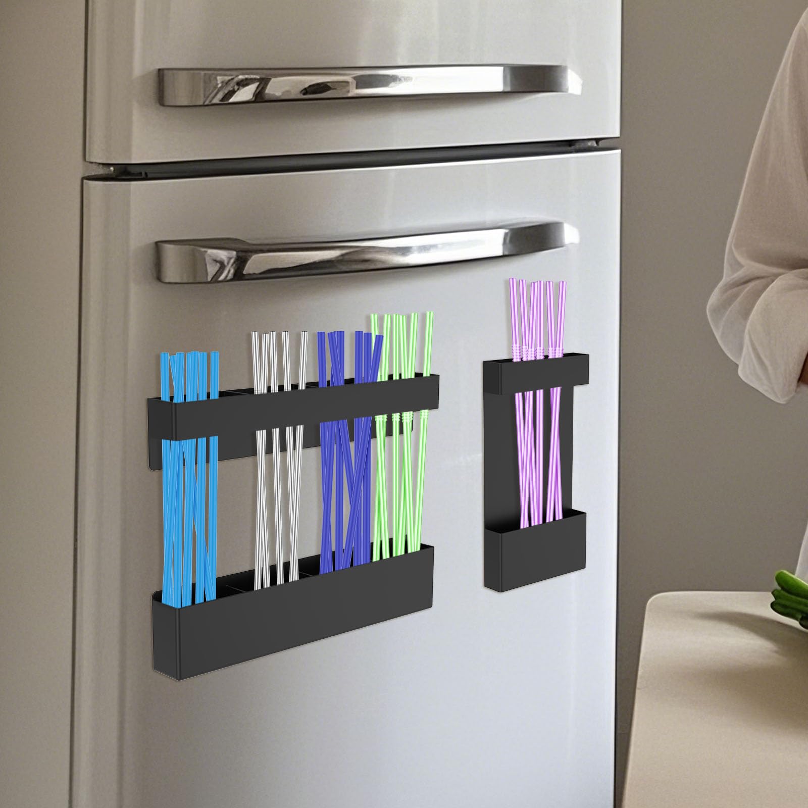 Qinglang Black 2Pcs Fridge Tumbler Straw Organizer Magnetic Straw Holder For Cupboard Drinking Straws Dispenser Reusable Compartmental Straws Organizer With Drain Slot For Kitchen Counter Cupboard Door Restaurant