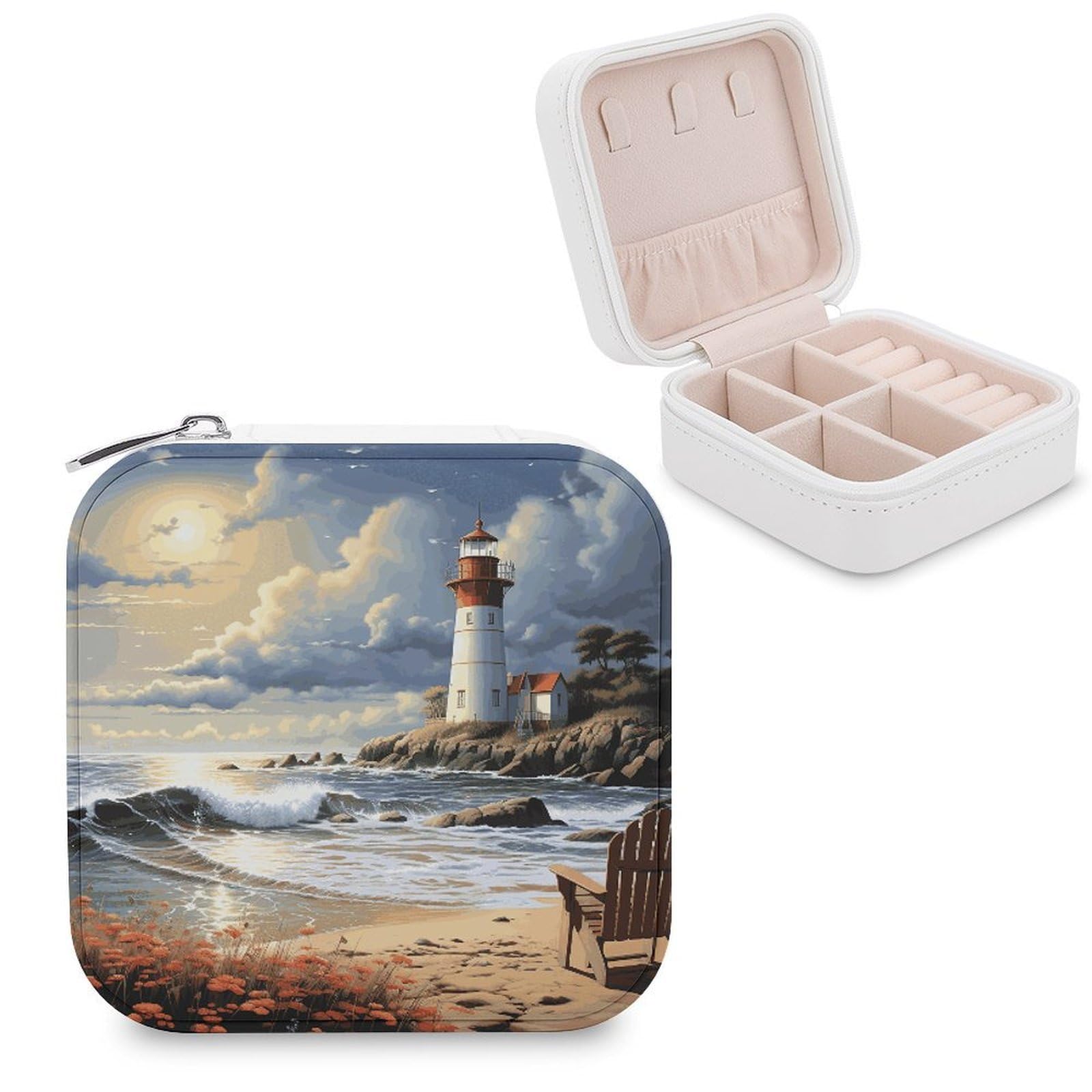 FekiLoot Sea Lighthouse Sandbeach Jewelry Box Exquisite Jewelry Organizer Silver Gold Trinket Storage Case Multi Compartments Cute Earrings Ring Necklace Holder For Woman Household Gift