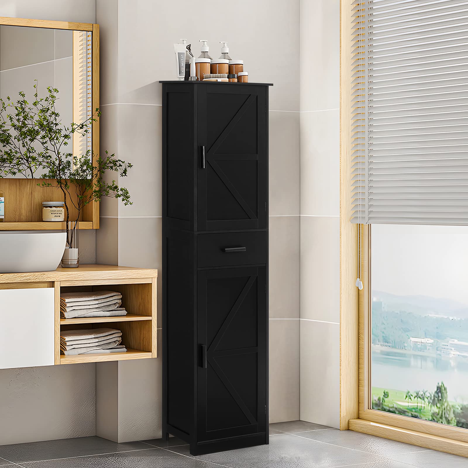 WEENFON Tall Bathroom Cabinet with 6 Shelves, Narrow Linen Cabinet with 2 Doors & 1 Drawer, Freestanding Storage Cabinet, for Bathroom, Living Room, Bedroom, Kitchen, Black