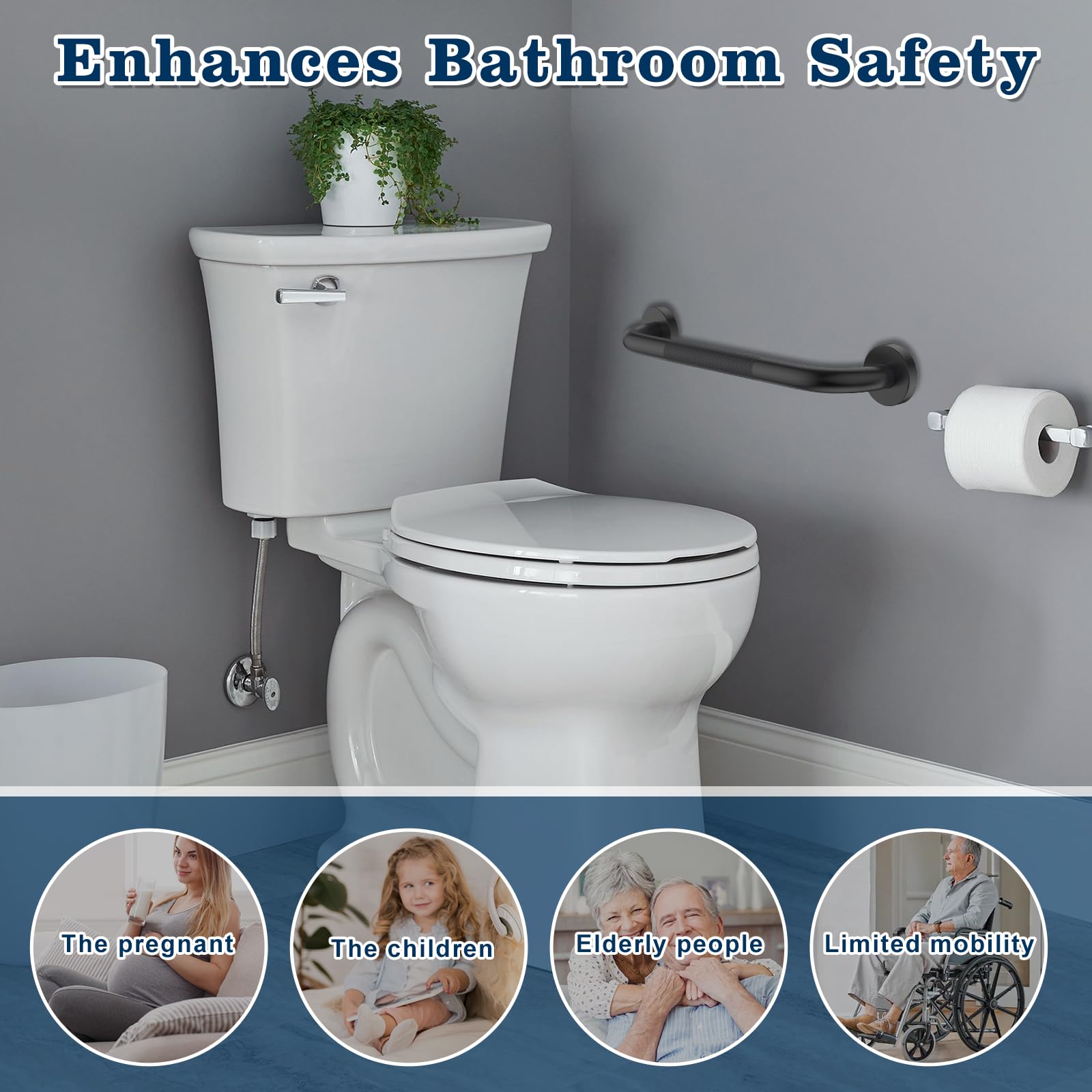 YF Lot de 2 Barres d'appui Salle de Bain, Poignées de Douche Antidérapantes en Acier Inox 201, Barres de douche de 30 cm, Sécurité pour Seniors, Handicapés et Enfants, Couleur, Noire