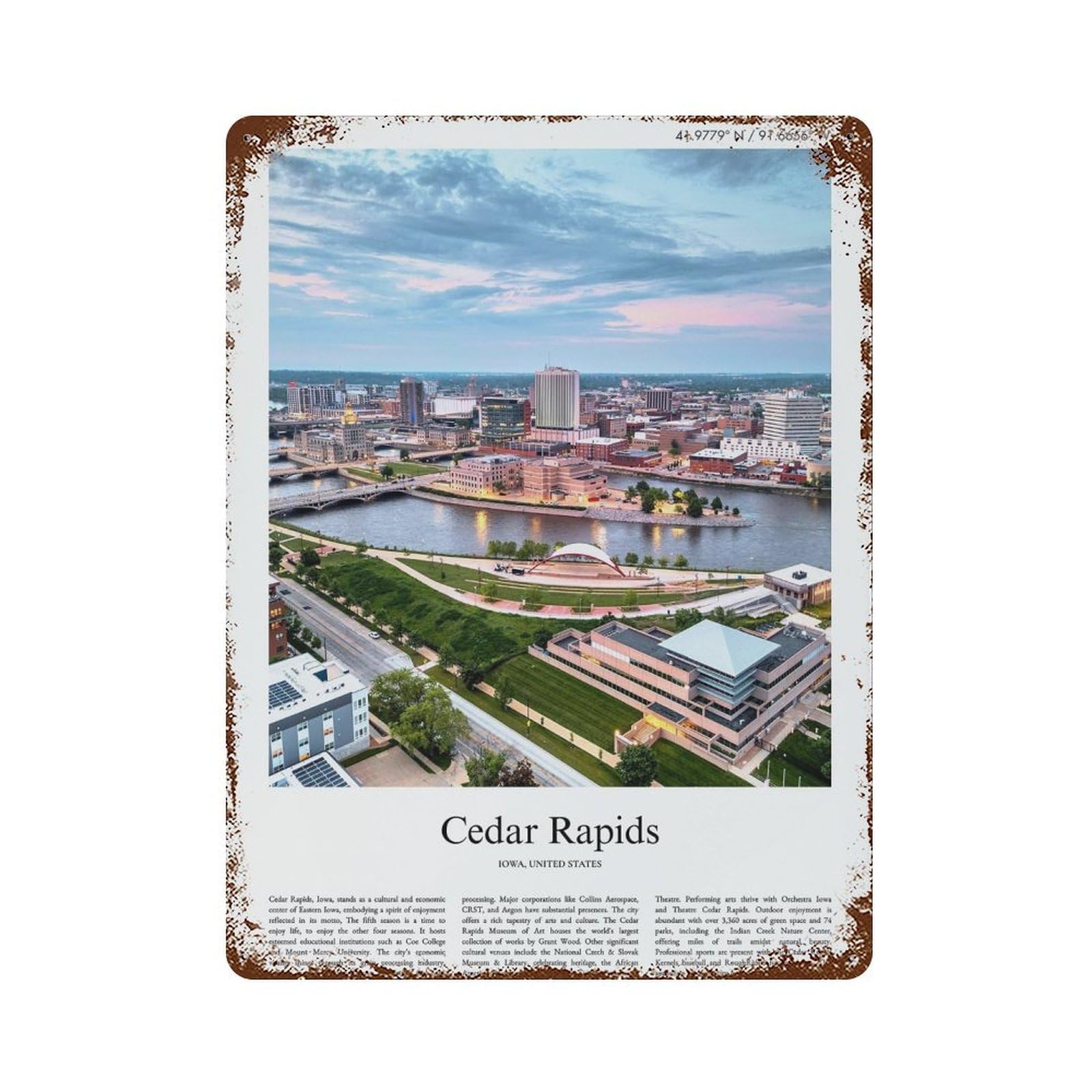 xiaoxiaoshen Cedar Rapids Iowa, United States, USA City Scenery Wall Decor Art Metal Tin Poster Modern Home Decor Art Home Bar Shop Decorations Vintage Sign 40x30cm