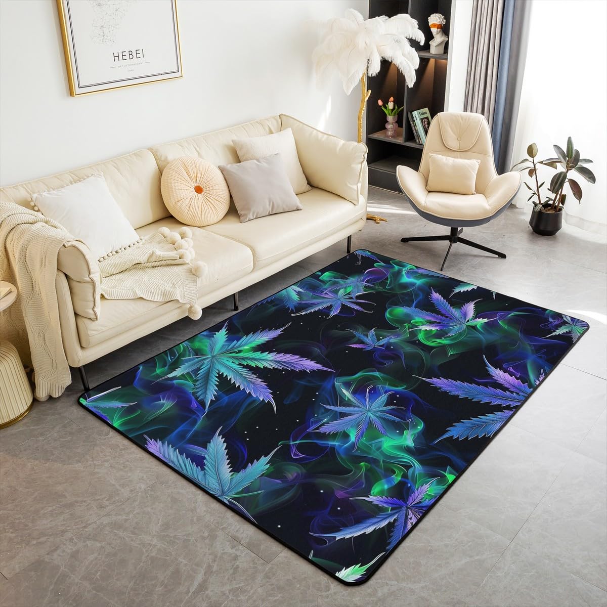 Tapis psychédélique cannabis pour réveiller un salon triste avec du vert fluo