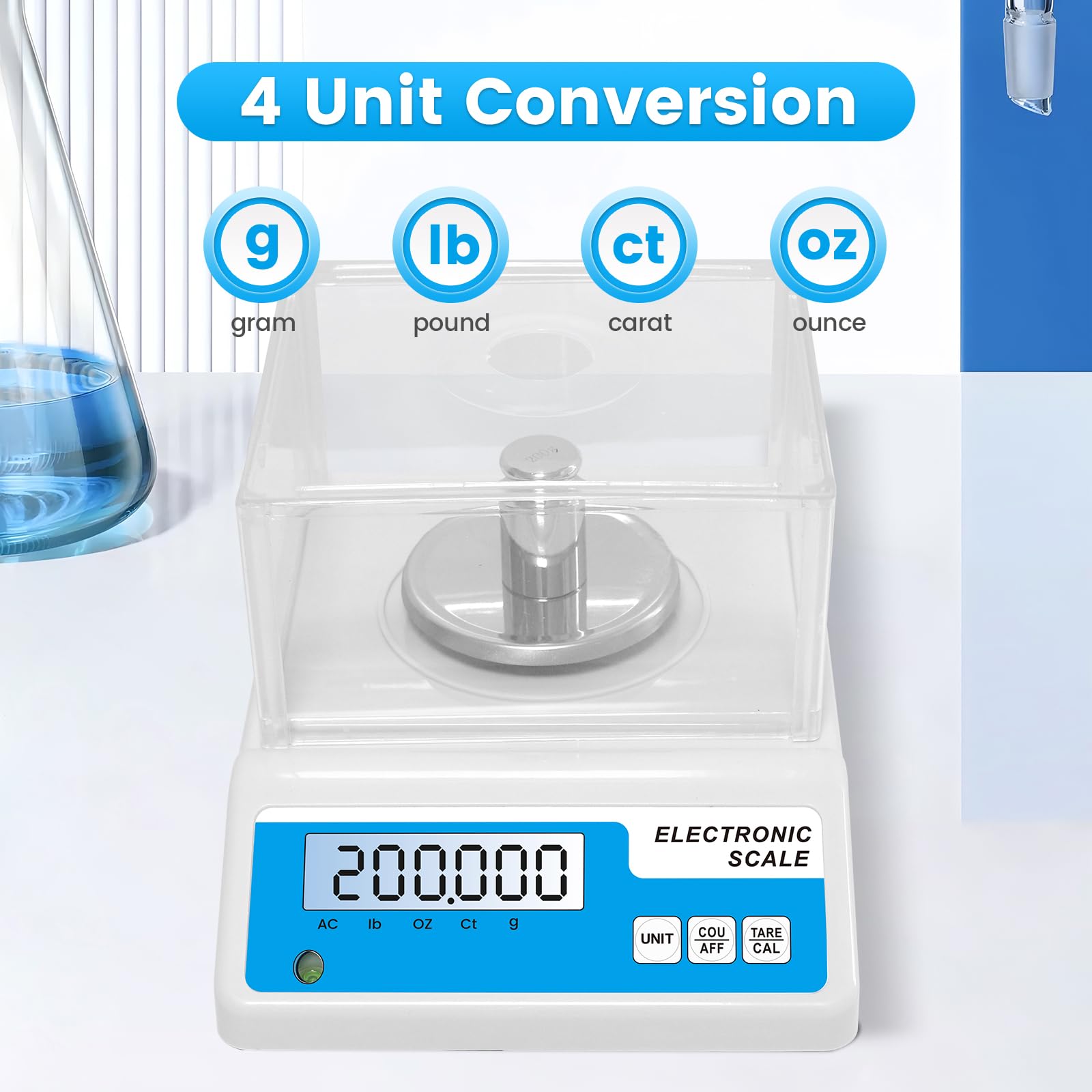 Laboranalytische Waage, 500 g x 0,001 g, 001 g, hochpräzise Digitalwaage mit Windschutzscheibe, Schmuckwaage für Goldpulver, Labor, Küche, Schule, 5 Einheiten LCD-Display