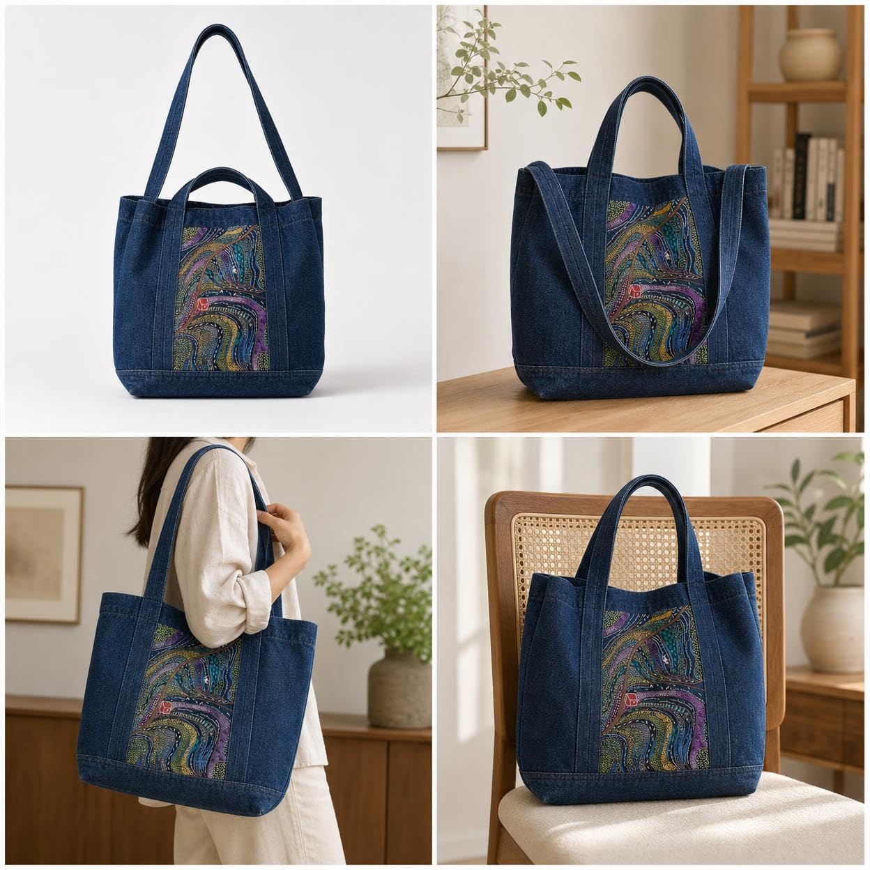 Yunmeryker Kit Ricamo Fai da Te per Principianti, Kit da Borsa in Tela con Strumenti e Istruzioni, Borsa fai da te in denim chiaro e scuro (due pezzi), senza telaio da ricamo