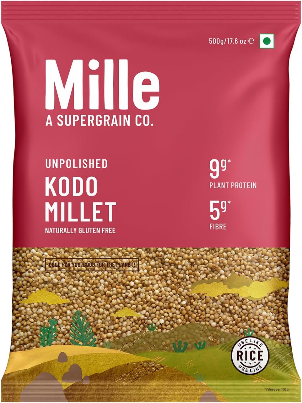 Mille Kodo Millet Whole Grain | Kodra/Varagu | Ideal for Fasting | Unpolished, Toasted, No Soaking Required Gluten Free | High Plant Protein and Fibre | Ideal for Iron Deficiency | Just cook for 10 minutes | High Grade Whole Grain | 500g