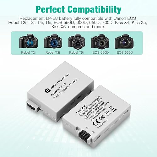 Miniatura 3 de FirstPower Batería LP-E8 y cargador USB dual compatible con cámaras Canon EOS Rebel T2i, T3i, T4i, T5i, EOS 550D, 600D, 650D, 700D, Kiss X4, Kiss