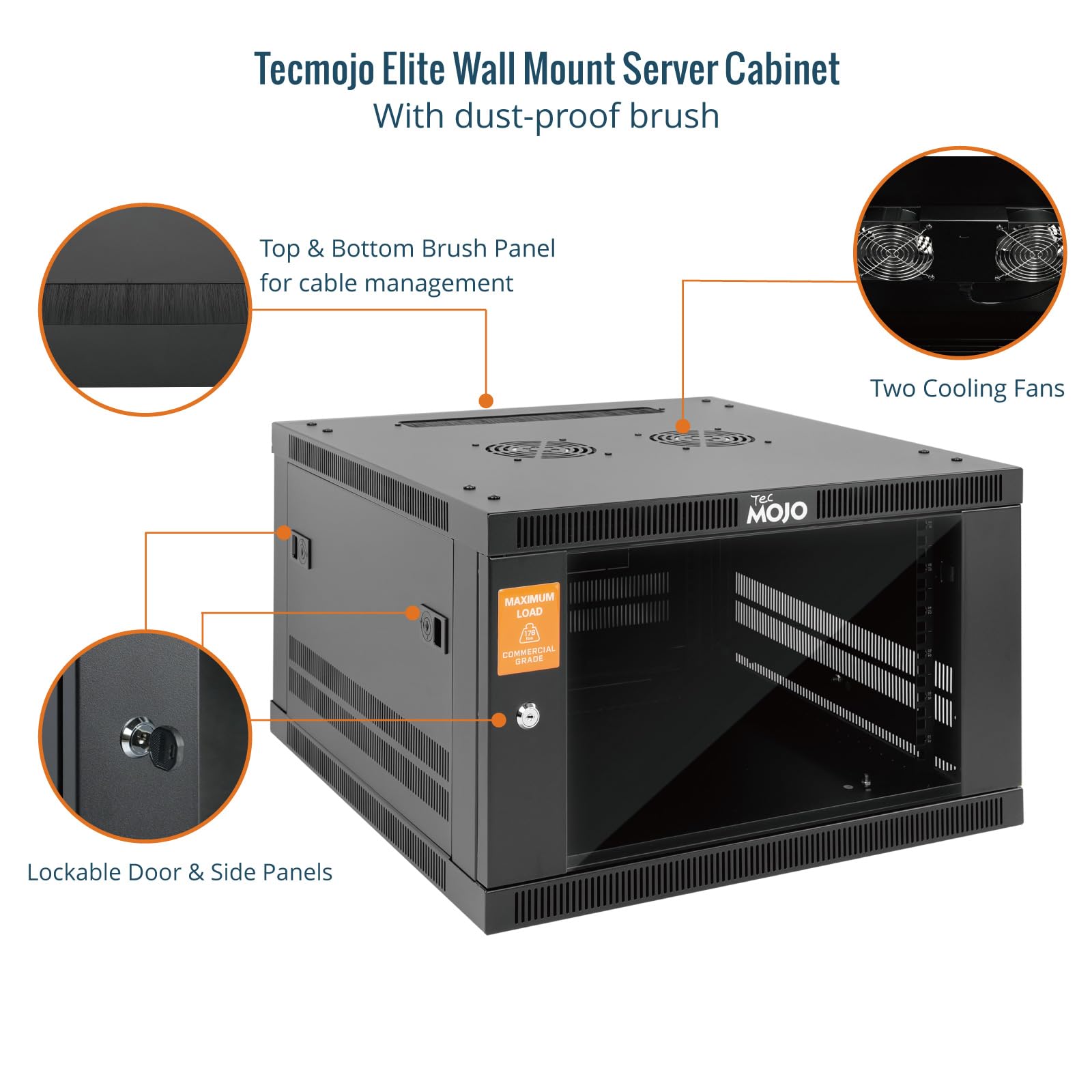 Tecmojo Estante de montaje en pared de 6U, kit de estante de montaje en pared cerrado de 23.6 pulgadas de profundidad incluye estante de 1U, soporte en forma de L, 2 ventiladores de refrigeración,