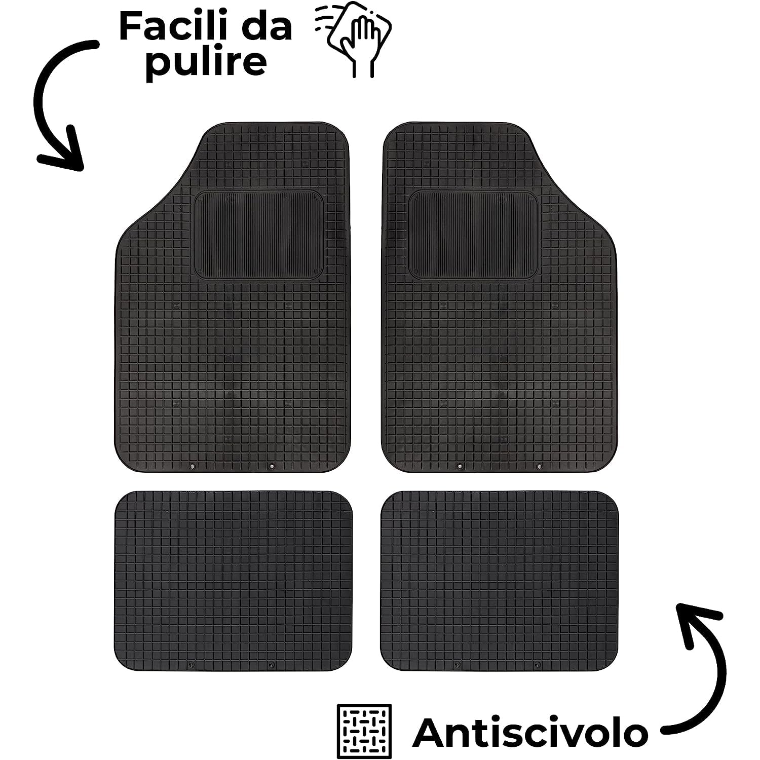 Tappetini Auto Gomma Universali Set 4 Pezzi Anteriore e Posteriori Pedali Antiscivolo Abitacolo PVC Plastica