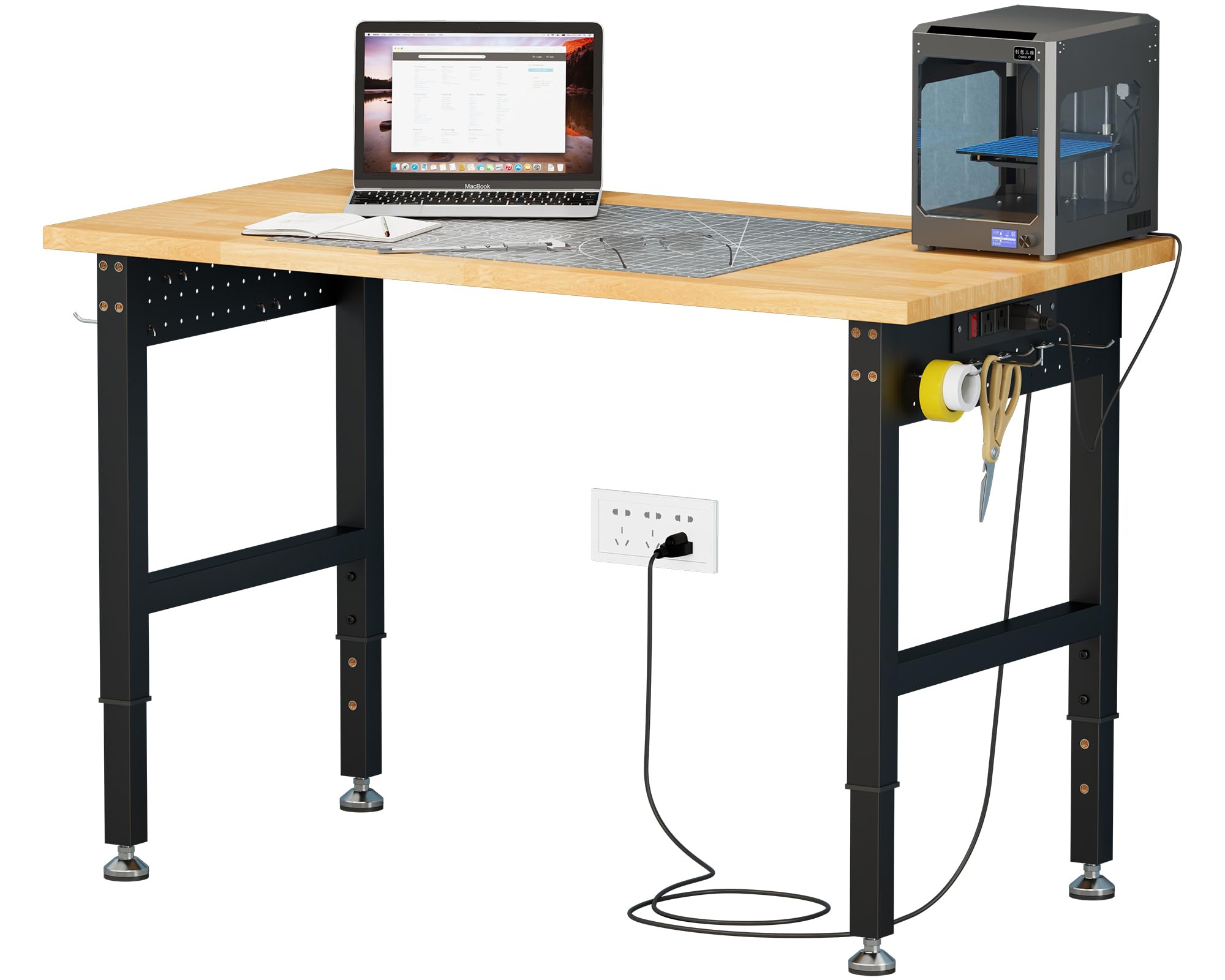 Adjustable Heavy Duty Workbench with 4 AC Outlet and 2 USB Ports Power Outlets, 2000 Lbs Capacity, Rubber Wood Top for Garage, Workshop, Office
