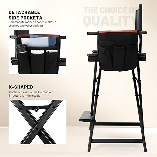 Miniatura 5 de Silla de directores de 30 pulgadas de altura, silla plegable de maquillaje, con cubierta de lona de repuesto, reposapiés portátil, soporta 250 Negro