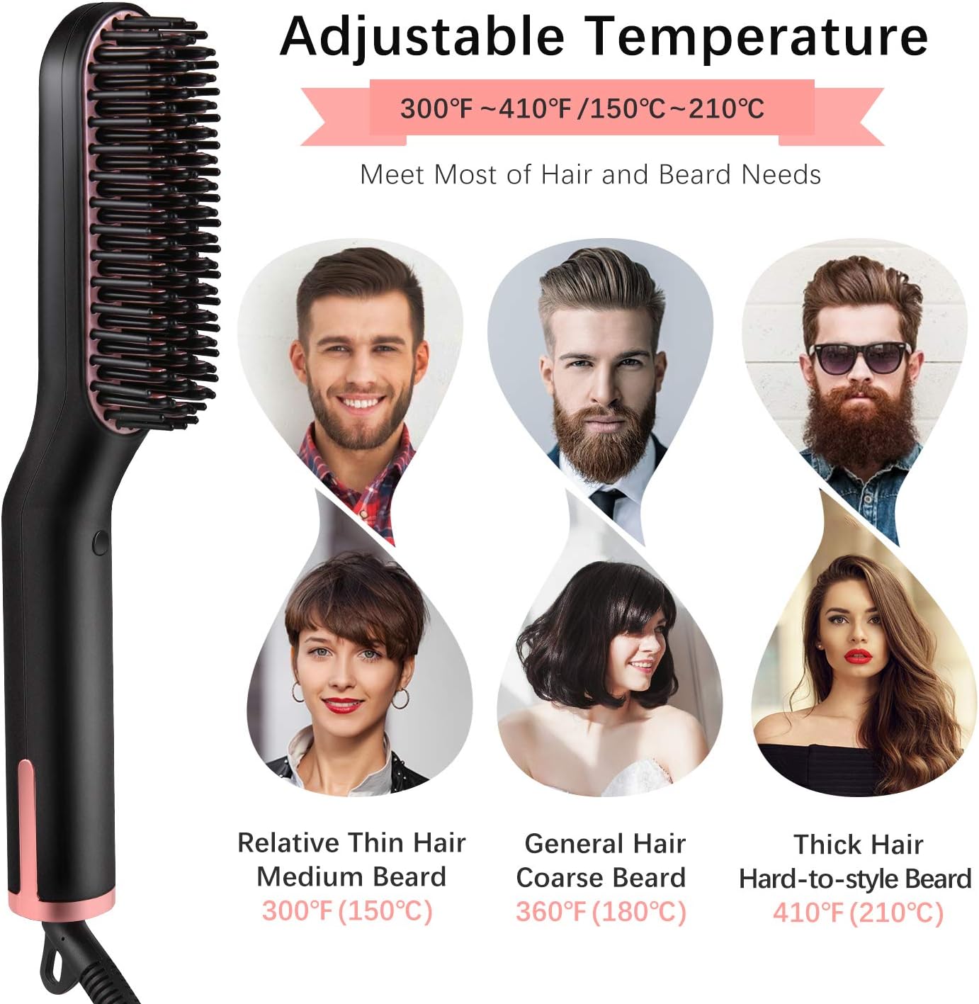 Electric Straightener Fast Heated Brush 3-in-1 Hair Straightening Brush for Men & Women, Suitable for Long and Short Hair