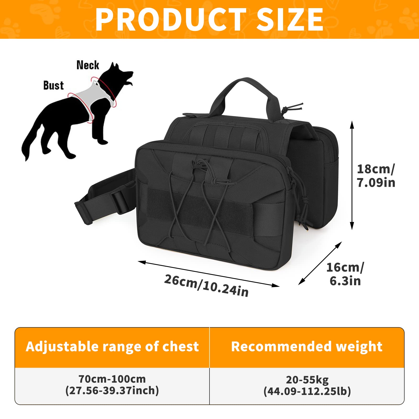 Huntvp Sac à Dos Tactique 1000D Harnais pour Chien Sac à Dos de Camping randonnée Sac à Dos pour Chien Voyage, Camping et la Randonnée en Plein air Chasse(Noir)