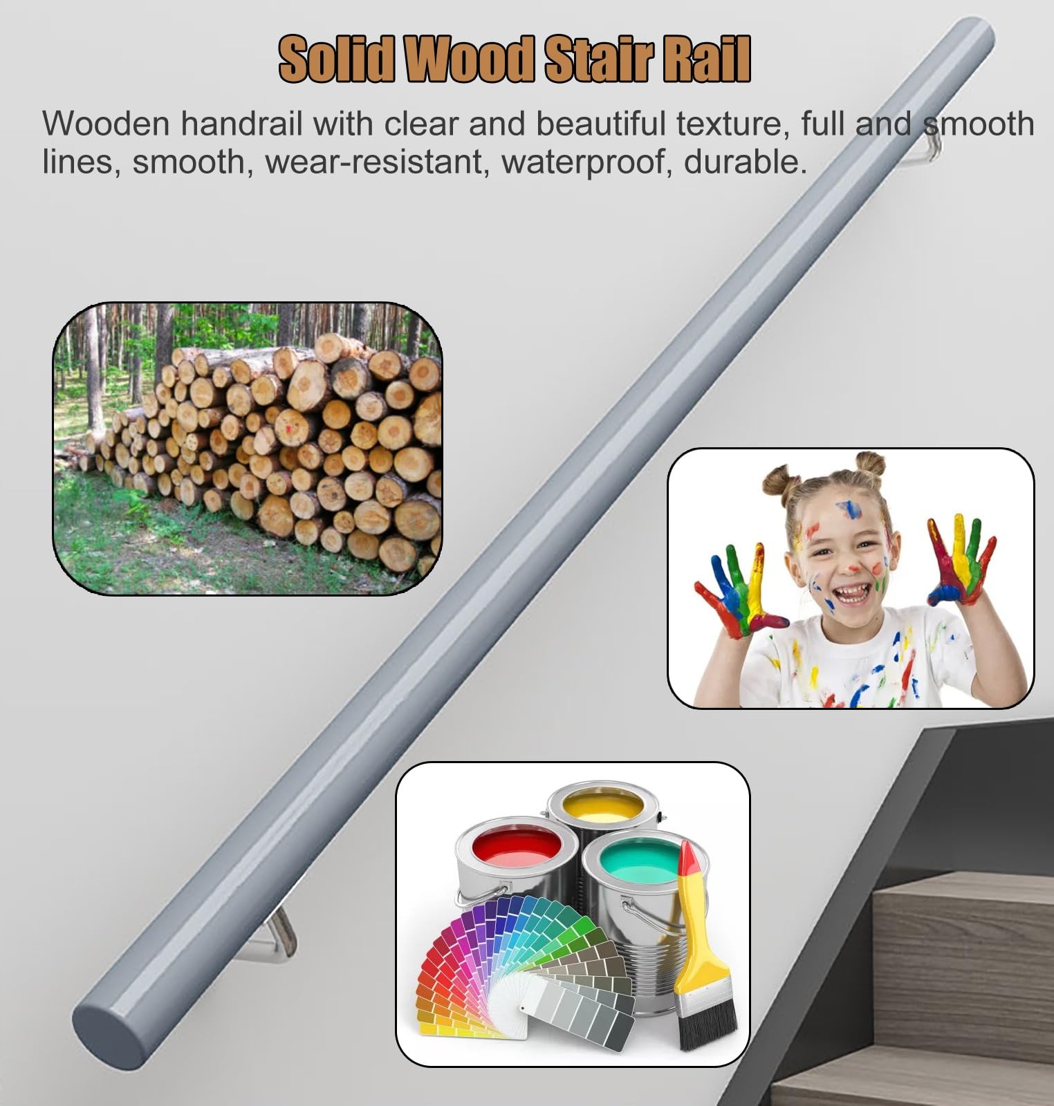 Heavy Du Hellgrauer Holzträger, 2,6 m / 8.5ft, zur Wandmontage, für ältere Menschen, Kinder und Zuhause, Handgriff für sicheren Gebrauch
