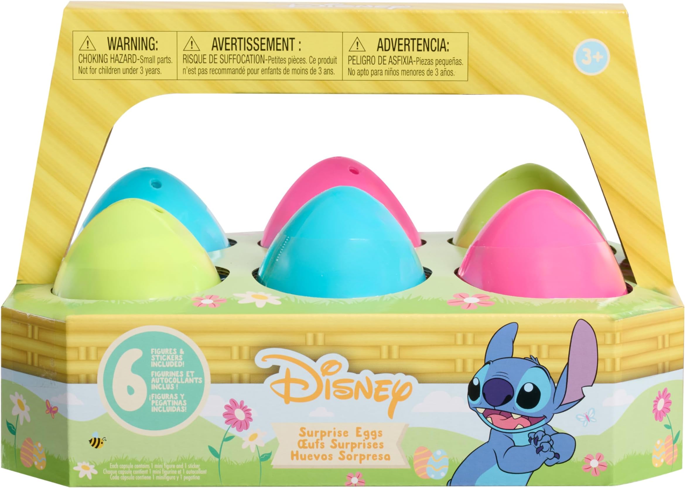 Disney Stitch Surprise Eggs Easter Basket – 6 Blind Capsule Eggs with 3.75” Collectible Stitch Figures & Stickers, Easter Basket Stuffers for Kids Ages 3 and Up
