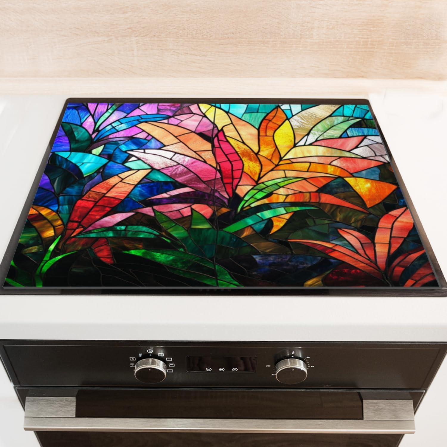 Silicone Stove Mat for Glass Top Stove, Stained Glass Style Leaves Electric Stove Cover Mat, 28 x 20 Inch Heat - Resistant Gas Gtove Burner Covers Glass Stove Top Protector