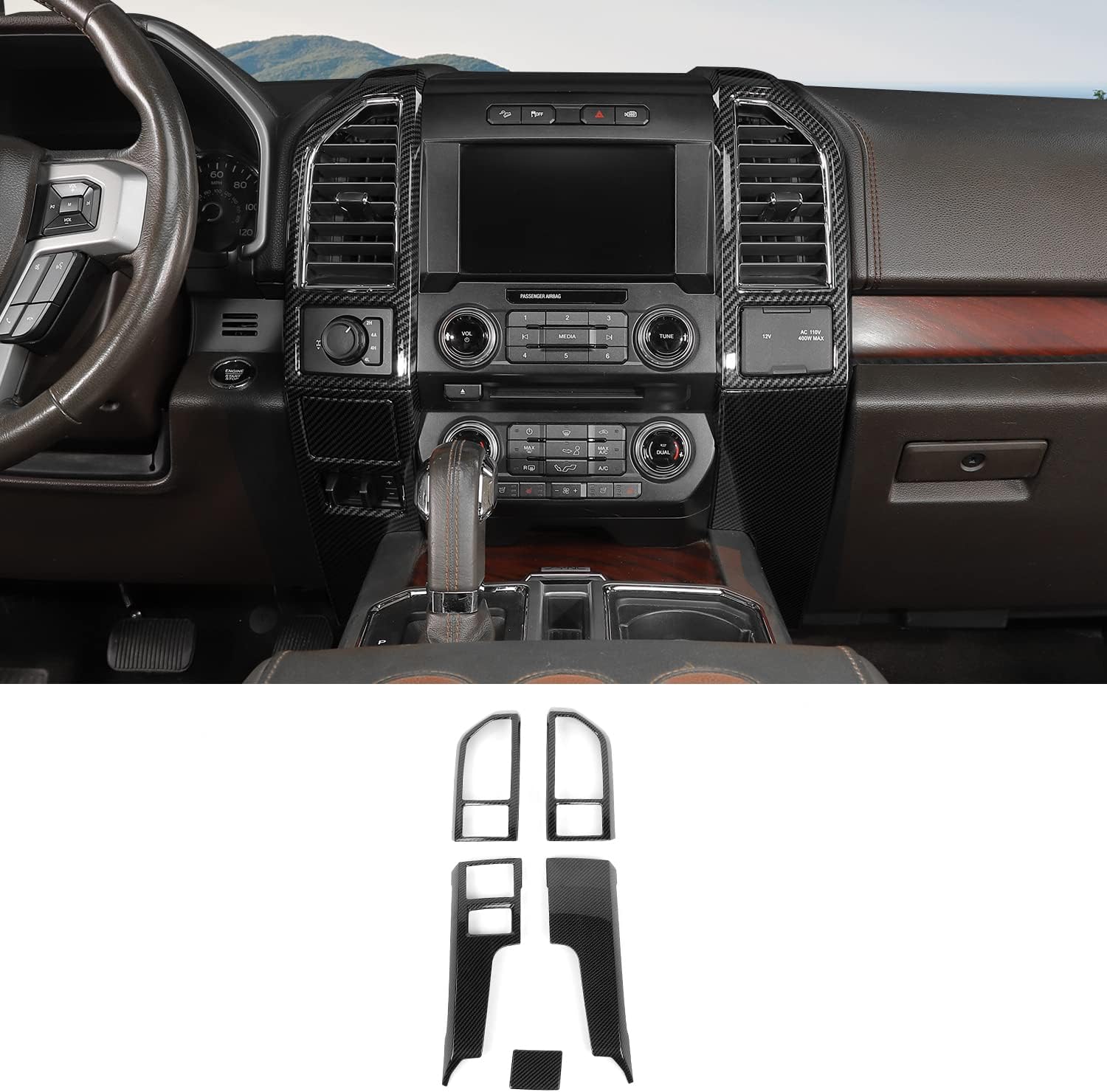 Jimen Compatible with Ford F150 2015-2020, 5PCS Central Console AC Air Conditioning Vent Panel Cover Trim (Carbon Fiber)