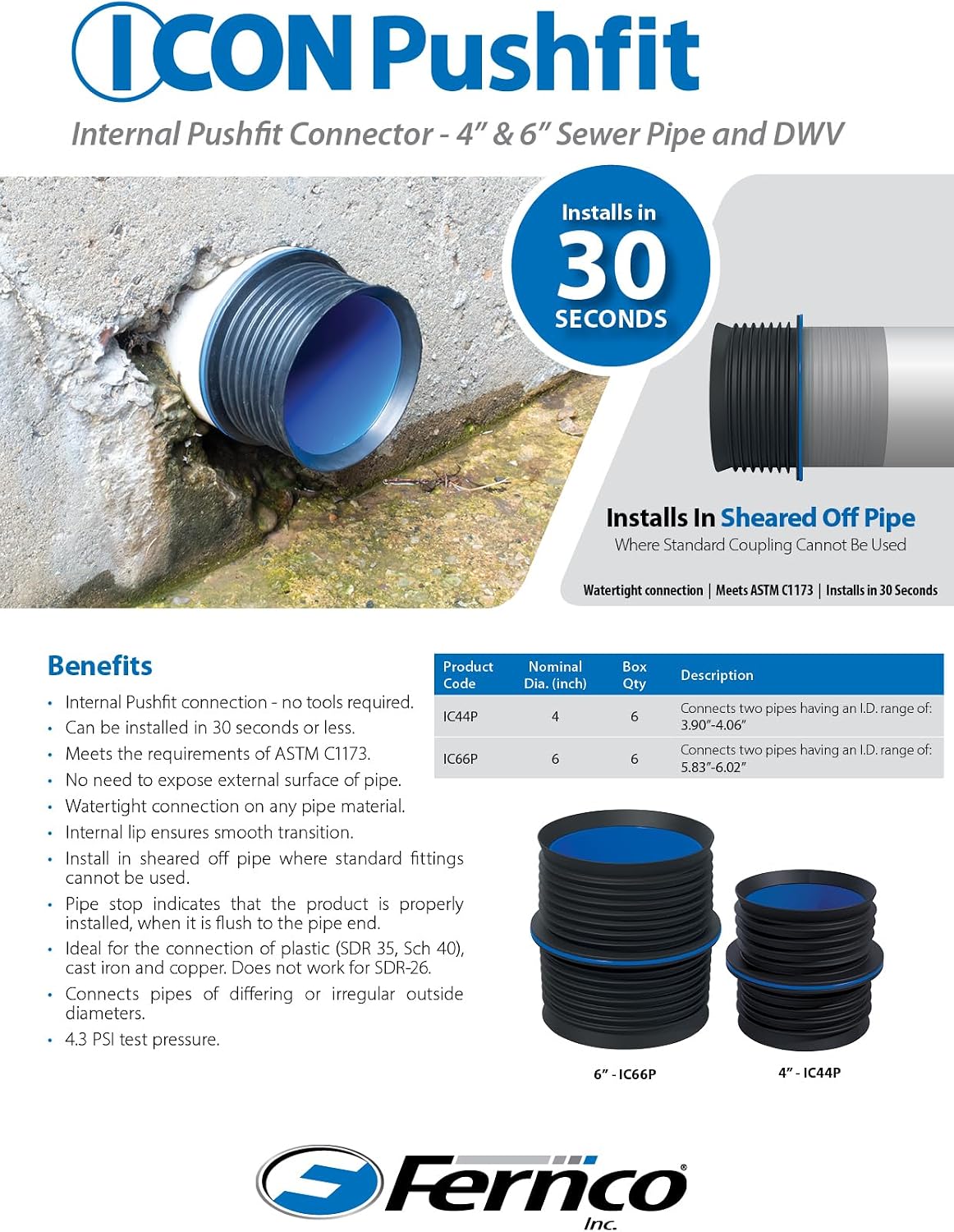 New Fernco 4" ICON Pushfit DWV Internal Coupling Sheared Off Pipe Connector, Plastic, Cast Iron and Copper