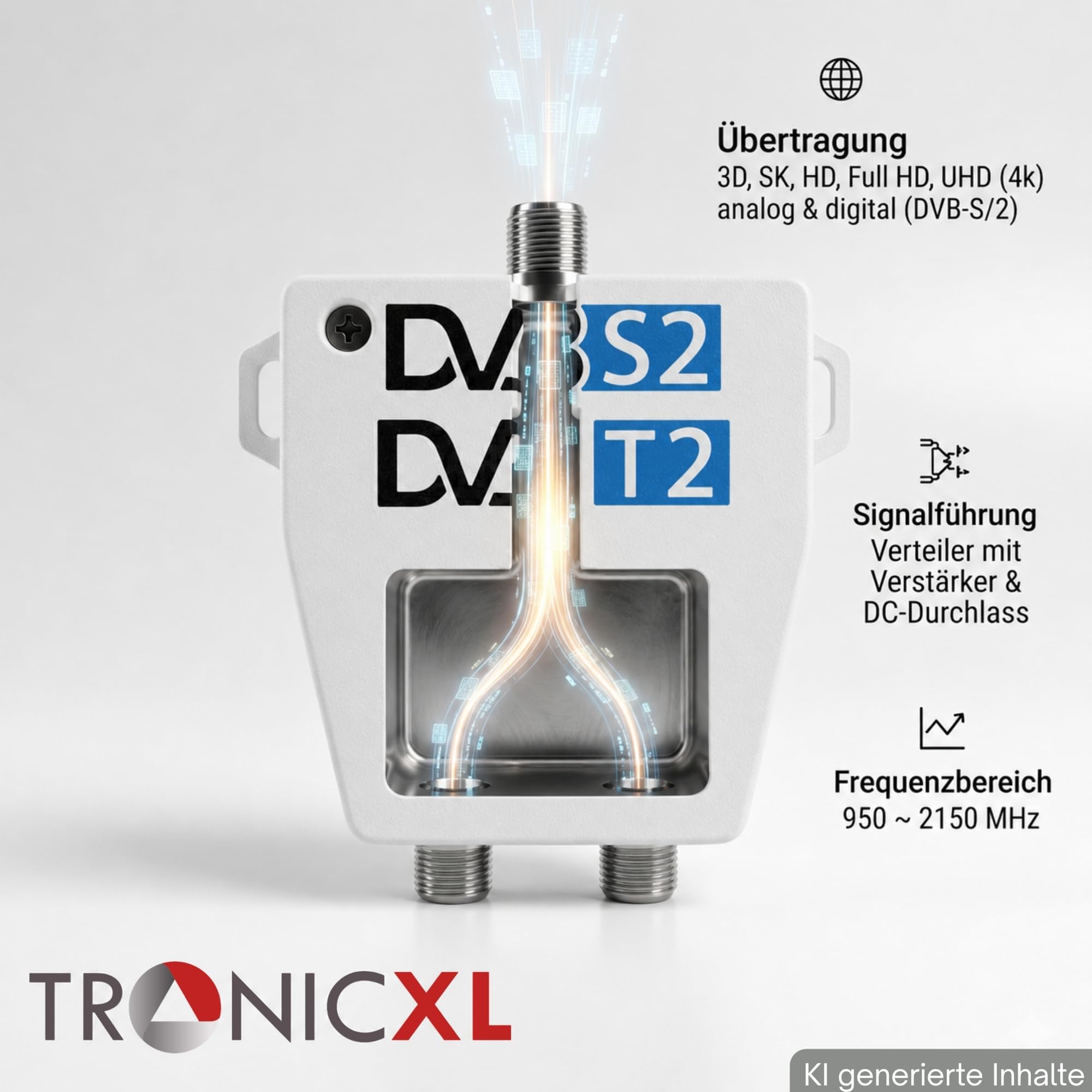 TronicXL Amplificatore antenna a 2 vie per DVBT e DVBS SAT Splitter Amplificatore con vite di messa a terra I Distributore antenna morbido DVB-S2 DVB-T2 Morbido amplificatore di segnale 3D 4K HDTV