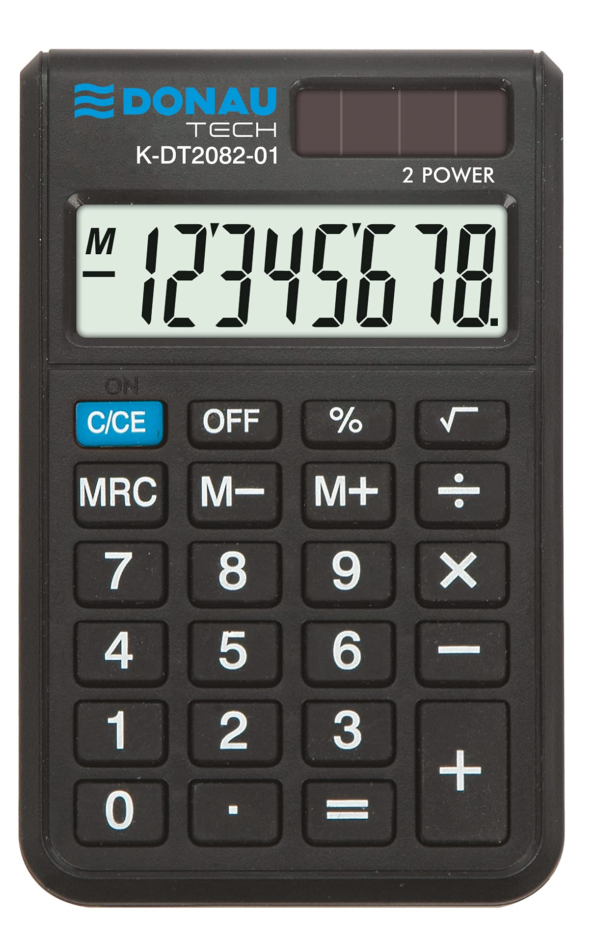 DONAU TECH/K-DT2082-01 Calculator 8-Digit Root Function 97 x 60 x 11 mm Black with 8-Digit Display Dual Power Solar Battery Operated Compact Design