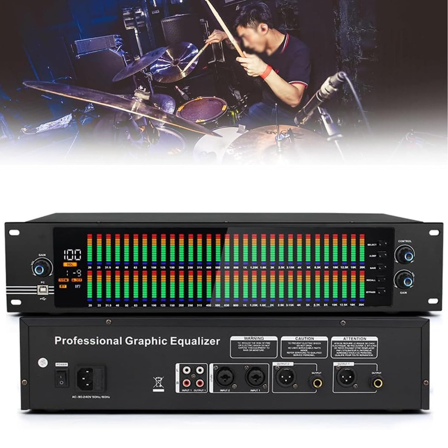 Égaliseur graphique 2 canaux 31 bandes avec écran LED, 10 effets prédéfinis, réduction automatique du bruit, réglage indépendant des basses/moyens/aigus pour studio d'enregistrement