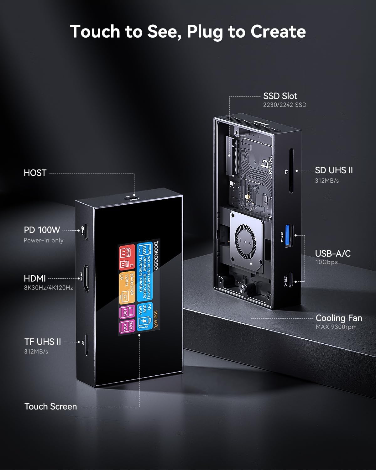 DOCKCASE Smart 7-in-1 USB C Hub & M.2 NVMe SSD Enclosure 10Gbps, USB3.2 Gen2 USB-A/C, 4K HDMI 2.1, PD 100W, UHS-II SD/TF Slots, Fits 2230/2242 B+M M-Key SSD, for Mac mini M1 2 3 4