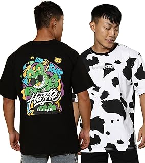 Veirdo® Pure Cotton Oversize Fit Round Neck Black &amp; White Graphic Hustle Printed &amp; Animal Print Half Sleeve T-Shirt for Me...