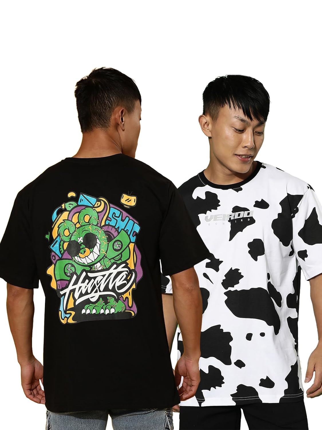 Veirdo® Pure Cotton Oversize Fit Round Neck Black & White Graphic Hustle Printed & Animal Print Half Sleeve T-Shirt for Me...