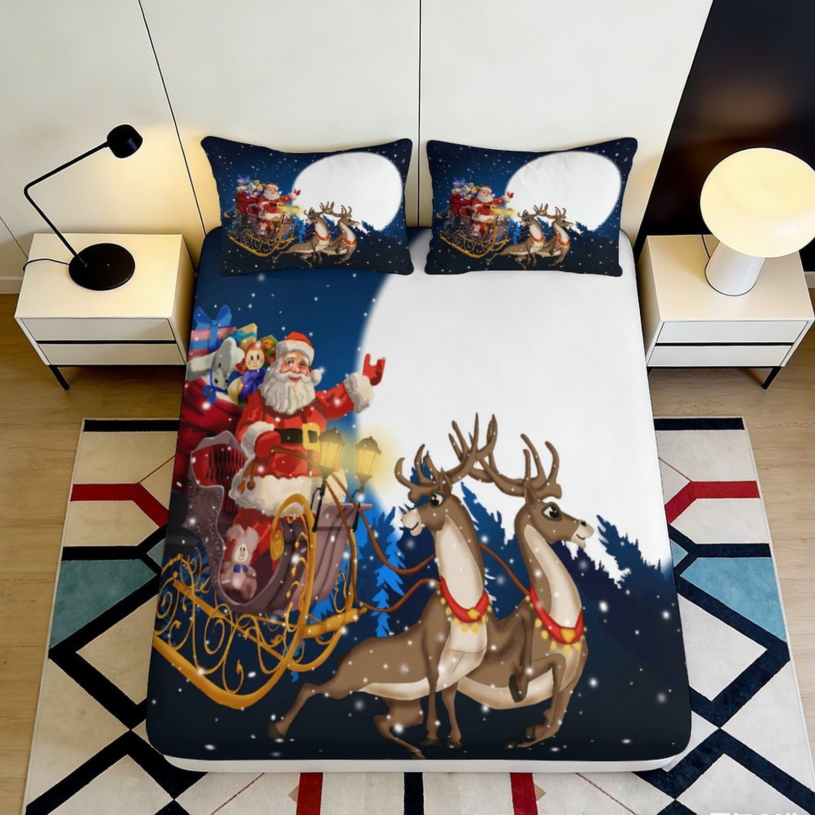 3D Printed Christmas Santa Sleigh Fitted Sheet Microfiber Reindeer Night Bed Cover for Bedroom Dorm Mattress Decor 140x200x25cm