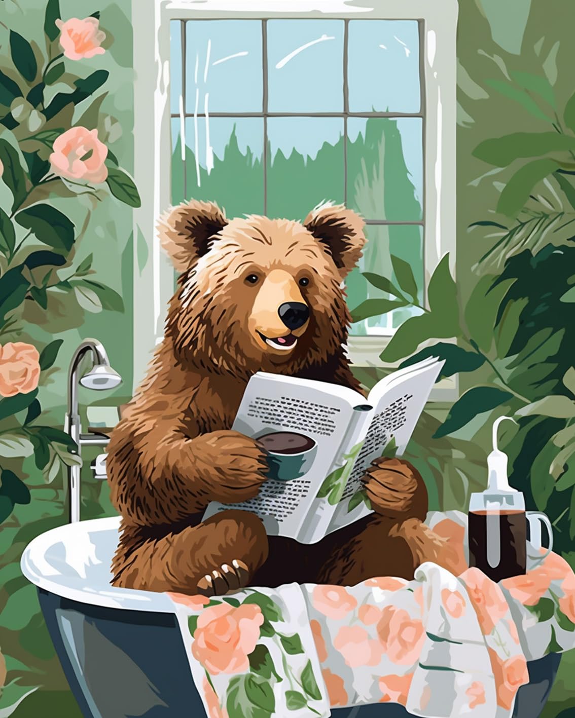 Bear Reading Book in Bathtub DIY Paint by Numbers for Adults Bathroom Animal DIY Oil Painting Acrylic Paint Cute Bear Painting Kits Canvas Wall Art