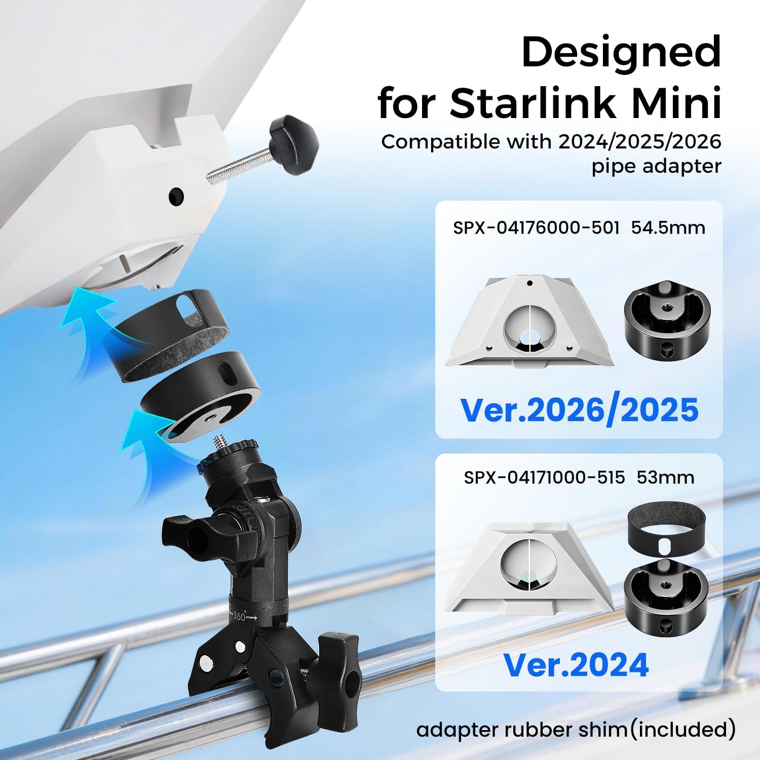 Mount for Starlink Mini, 2024/2025/2026 All-Version Compatible Aluminum Pole Clamp with Pipe Adapter, Gear-Lock Anti-Wobble, 360° Rotation & 270° Tilt, Tool-Free Install, Fits 0.6"-1.7" Poles