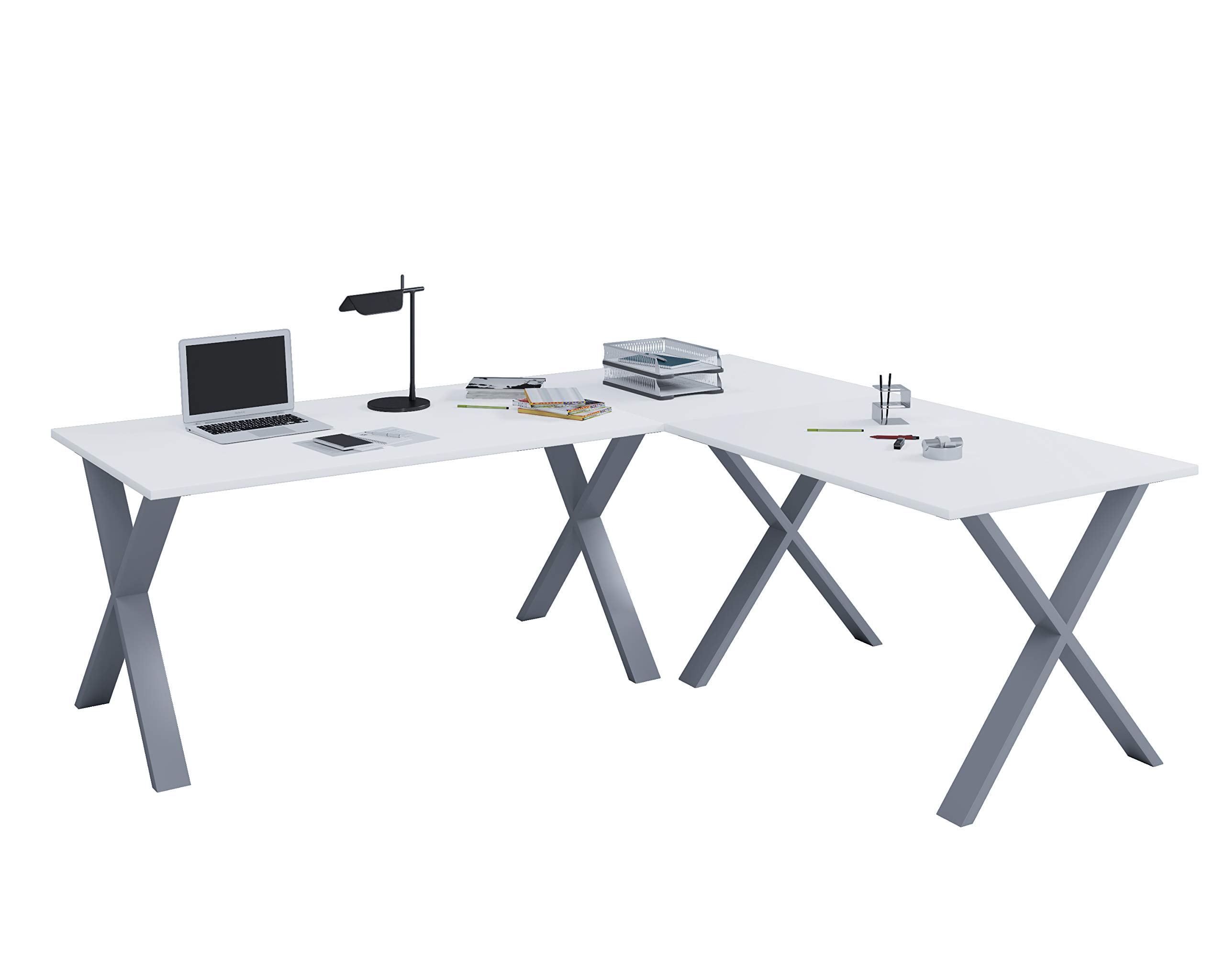 VCM Holz Schreibtisch | Eckschreibtisch Schlicht | 190x160 | L Form Links Oder rechts | Arbeitstisch Platte 80 cm Tief | Computertisch Büromöbel - Lona X Silber/Weiß