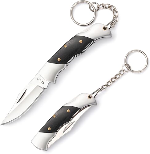 Miniatura 6 de Cuchillo de bolsillo pequeño, cuchillo EDC con mango de acero inoxidable y madera, cuchillo pequeño, longitud de la hoja 2 pulgadas