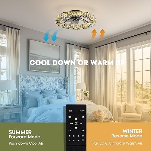 Miniatura 7 de Ventilador de techo de montaje al ras con luz, candelabro de cristal moderno de 22" ventilador de techo con cambio de color inteligente de 4 luces,