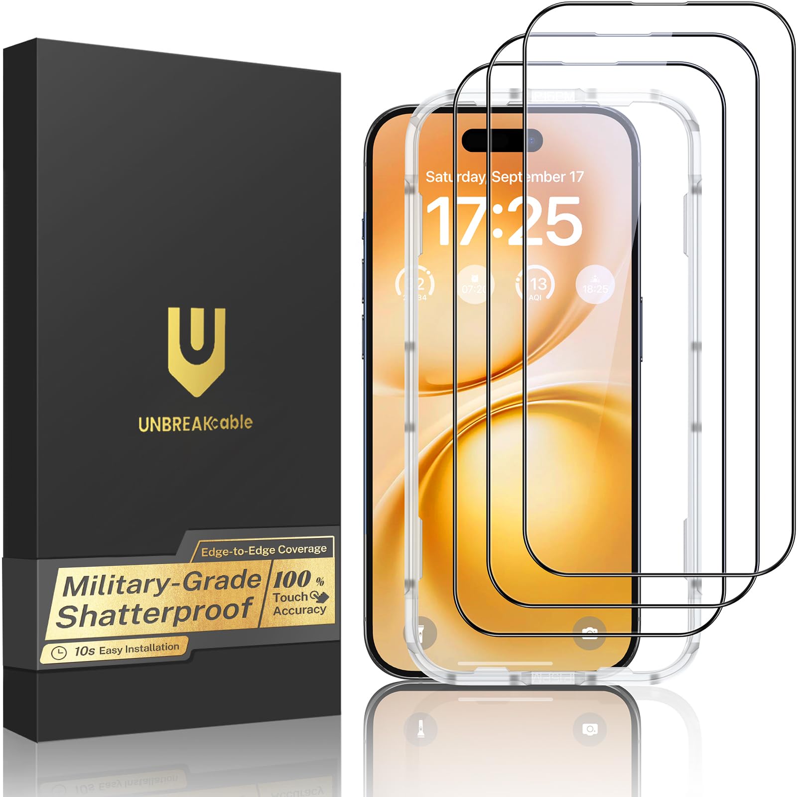 UNBREAKcable 3-Pack Screen Protector for iPhone 15, Full Coverage