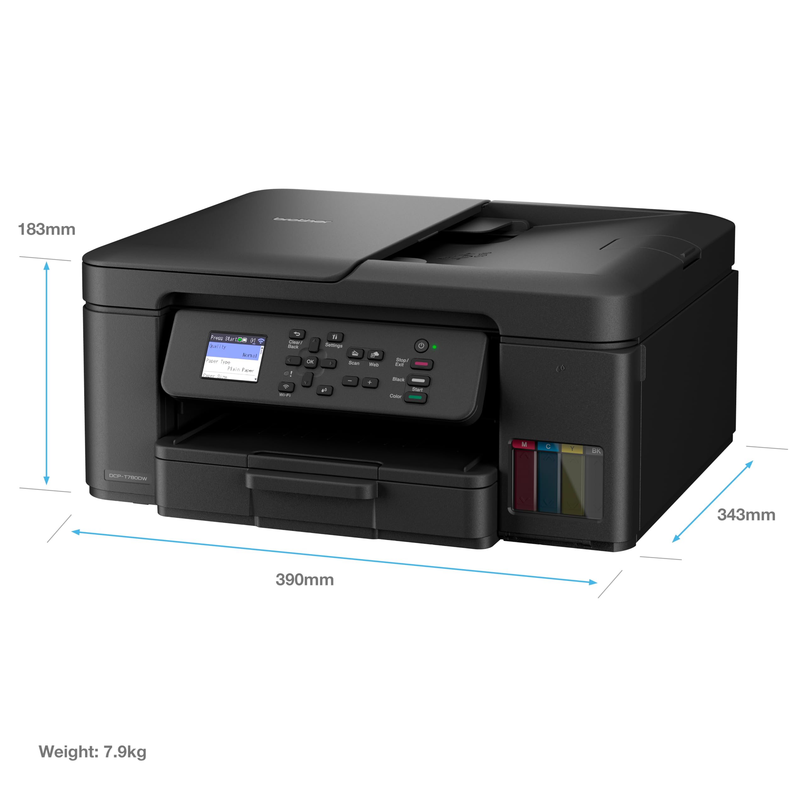 Brother DCP-T780DW Impresora de inyección de tinta inalámbrica A4 | 3 en 1 (impresión/copia/escaneo) | Wi-Fi/USB 2.0 | ADF | A4 | Impresión dúplex | Fotos | Tintas de alta caja incluidas | Enchufe
