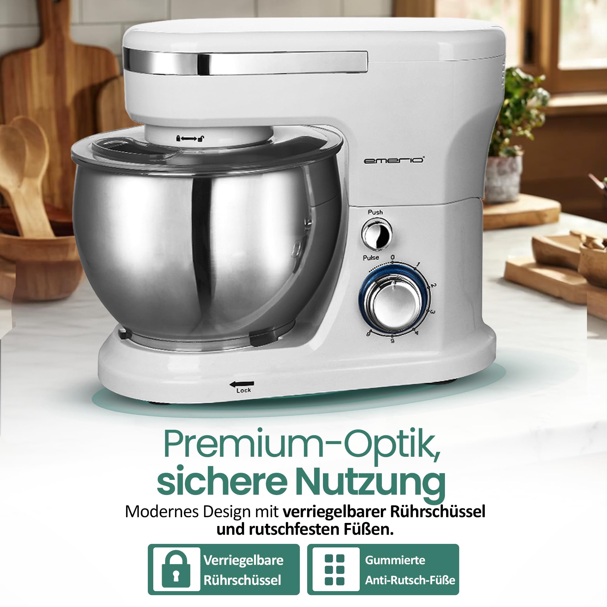 EMERIO Robot kuchenny Miska ze stali nierdzewnej o pojemności 5 l + 3 narzędzia do mieszania + osłona rozpryskowa z otworem do napełniania, moc 1000 W, 6 prędkości + Pulse Retro KM-123117