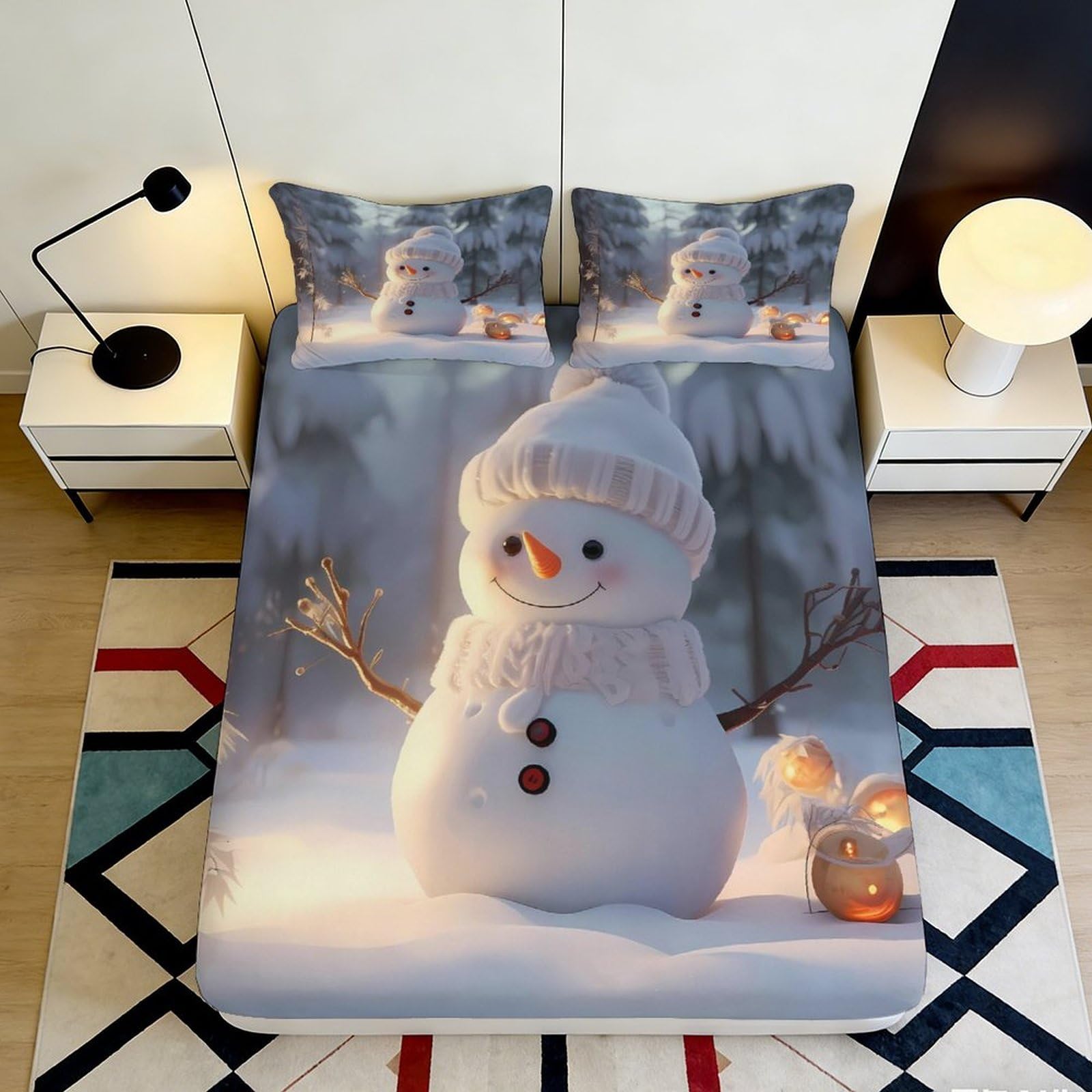 3D Printed Snowman Fitted Sheet Microfiber Soft Breathable Winter Scene Bed Cover for Bedroom Dormitory Guest Room Mattress Protection Decor 160x200x25cm