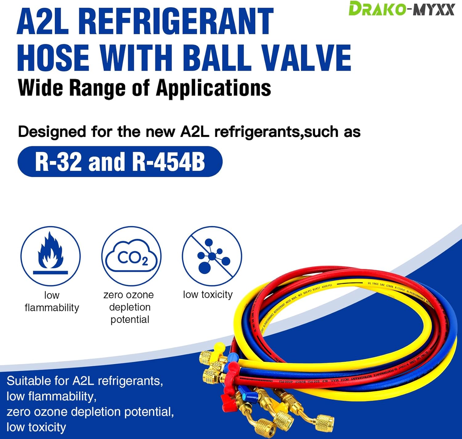 2026 Left-Handed A2L Refrigerant Hose, 72", 1/4" Female Left Flare x 1/4"Female Right Flare for A2L Refrigerant, 45° Angled Fittings with Compact Ball Valve, Compatible with HVAC R-32 R-454B(3-Pack)